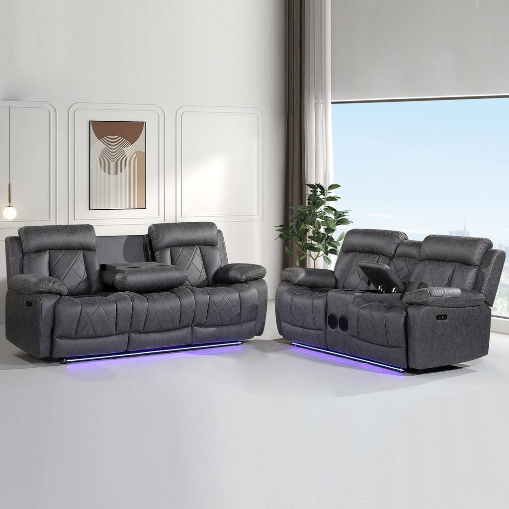 2PC Soft Microfiber Power Reclining Chair, LED Light, Bluetooth Speaker, Type-C and USB Charger