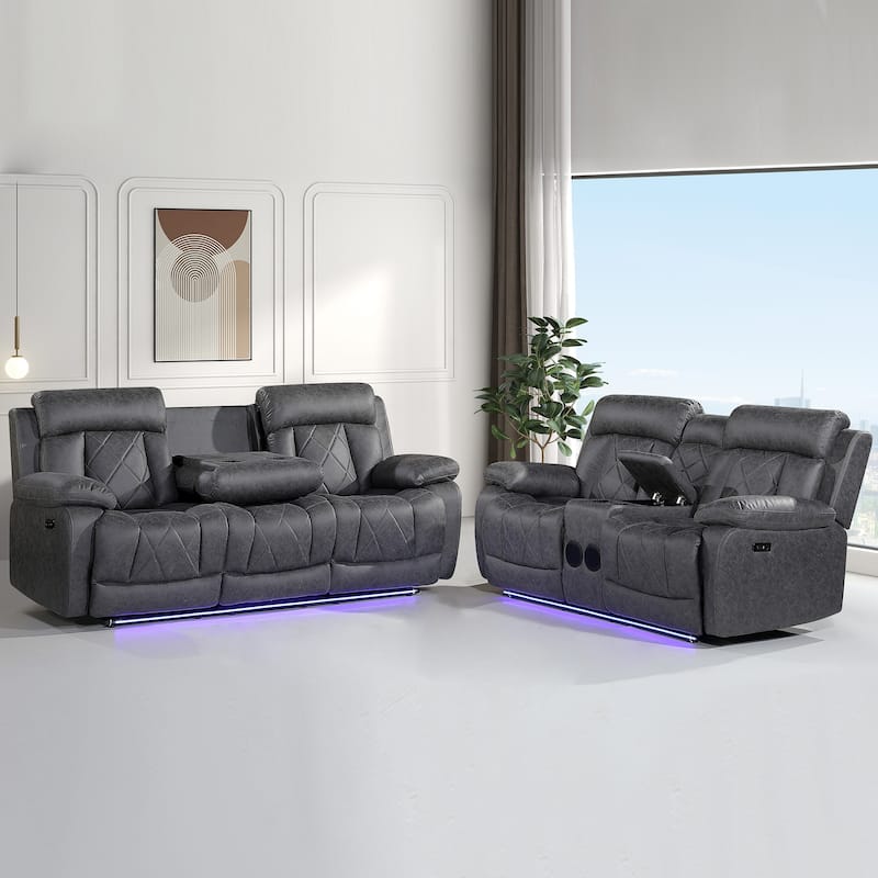2PC Soft Microfiber Power Reclining Chair, LED Light, Bluetooth Speaker, Type-C and USB Charger - Grey