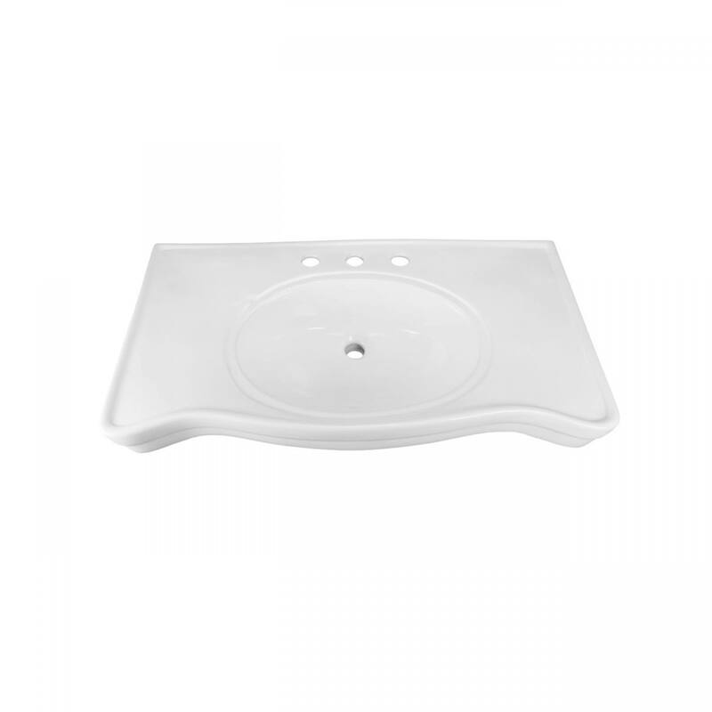 White Belle Console Bathroom Sink 35.5 W with 4 Pedestal Legs, Backsplash, Overflow, Black Faucet 8 and Drain