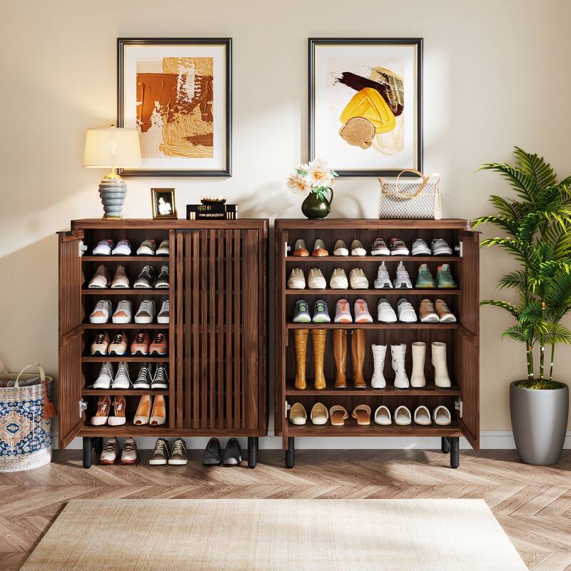 Wooden Shoe Cabinet with Shutter Doors, Adjustable Shelves Large Hidden Storage Organizer Rack for Entryway Hallway