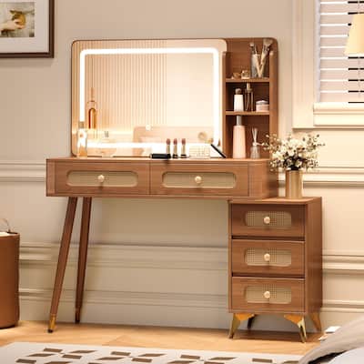 47"Makeup Vanity with Mirror and Lights, Vanity Desk with 5 Drawers and Storage Shelf, 3 Color Modes and Adjustable Brightness