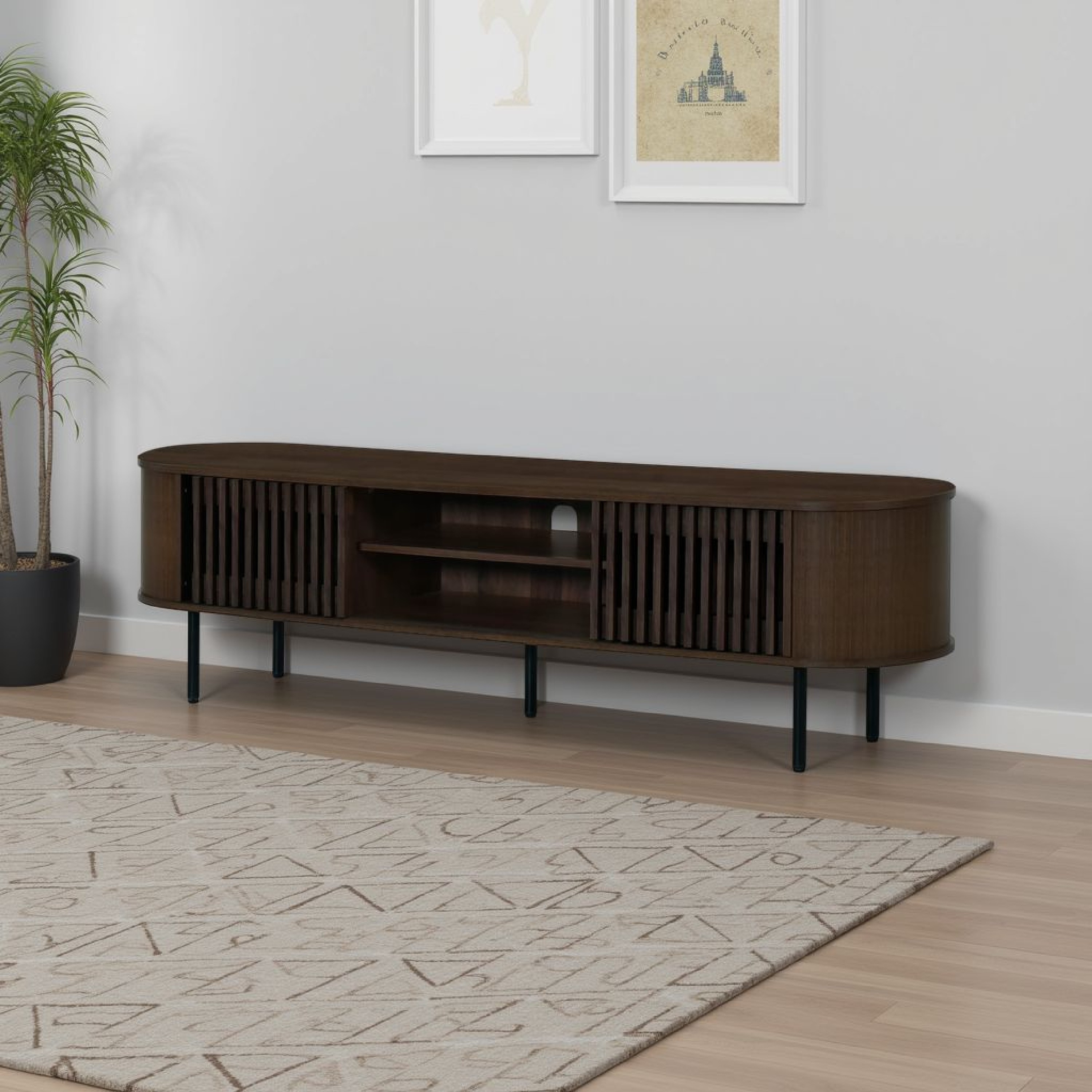 Brandon TV Stand Media Console, Shelf 2 Cabinets, Dark Brown, 71 Inch