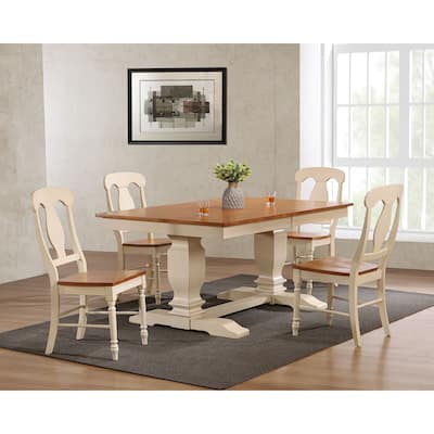 Double Transitional Pedestal Antiqued Caramel/Biscotti Napoleon Back 5-Piece Dining Set