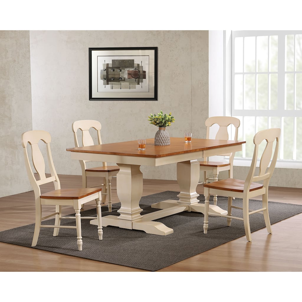 Double Transitional Pedestal Antiqued Caramel/Biscotti Napoleon Back 5-Piece Dining Set