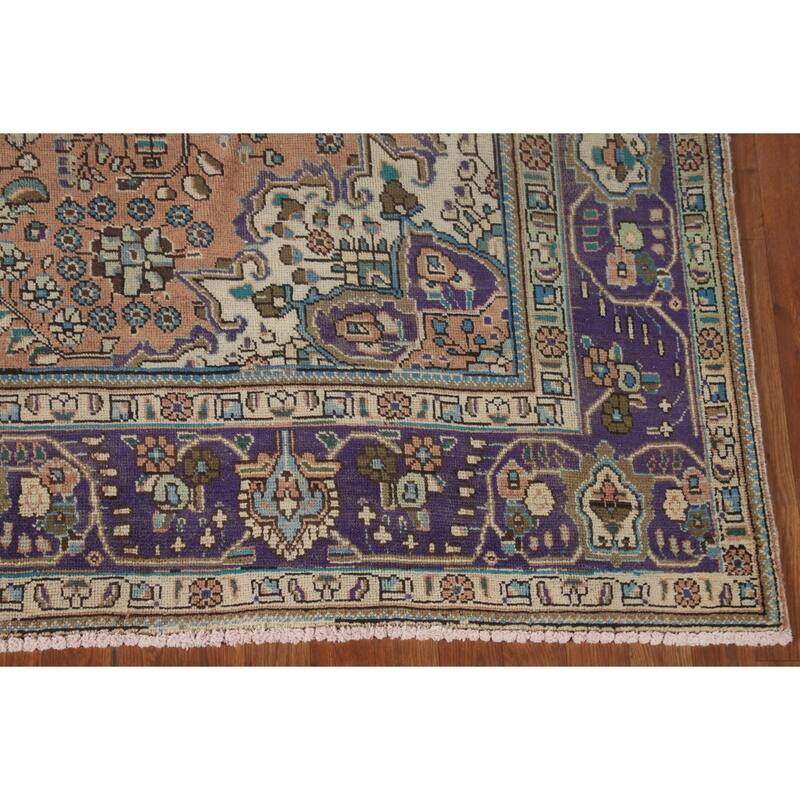 Floral Coral Tabriz Persian Vintage Area Rug Handmade Wool Carpet - 6'9"x 9'10"