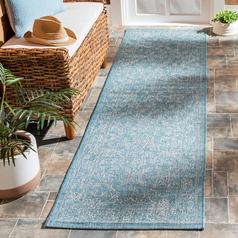 SAFAVIEH Courtyard Aquata Indoor/ Outdoor Waterproof Patio Backyard Rug - 2'3" x 16' Runner - Aqua/Grey