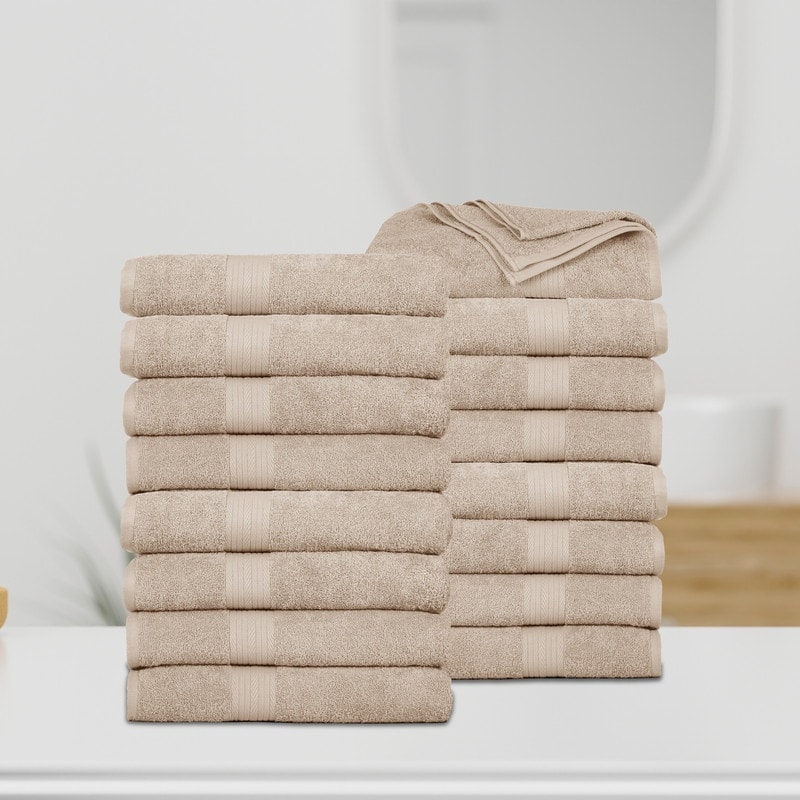 Cotton 600 GSM Highly Absorbent Bath Towels 30x54 Inch by Ample Decor - 16 Piece - Beige