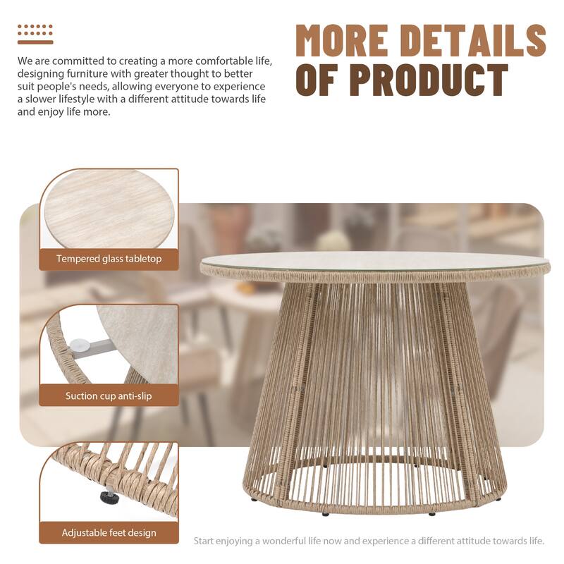 5 Pieces Outdoor PE Rattan Patio Dining Set with Round Tempered Glass Table