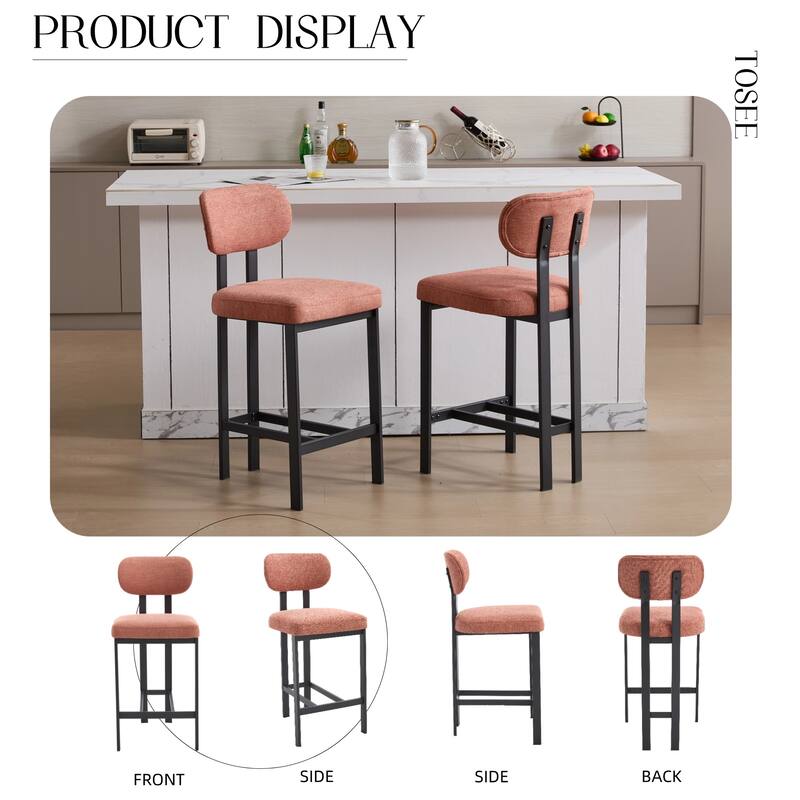Bar Stools Set of 2, 26 inch Modern Upholstered Fabric Counter Height Barstools, Kitchen Island Chairs for Dining Room