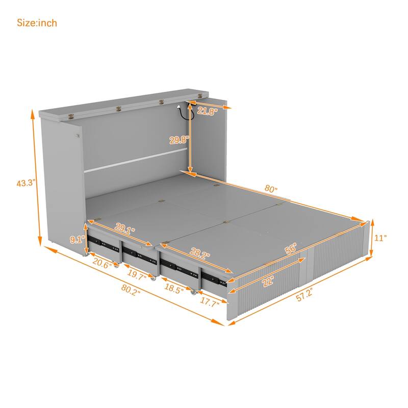 Full Size Murphy Wall Bed with Drawer and a Set of Sockets & USB Ports
