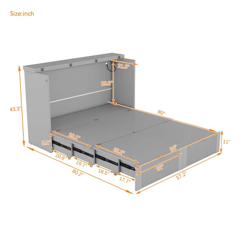 Full Size Wood Murphy Bed with a set of Sockets and USB Ports