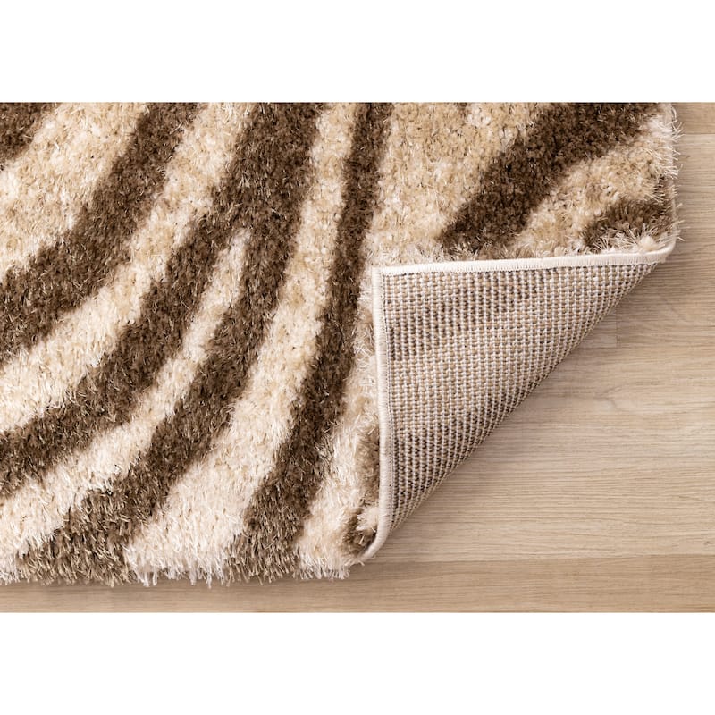Beige Brown White Zebra Print Soft Shag Rug