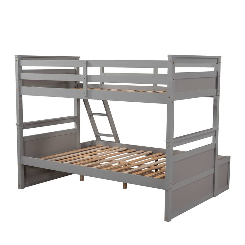 Twin over Full Bunk Bed with Storage in Gray, Space-Saving Design with Drawers