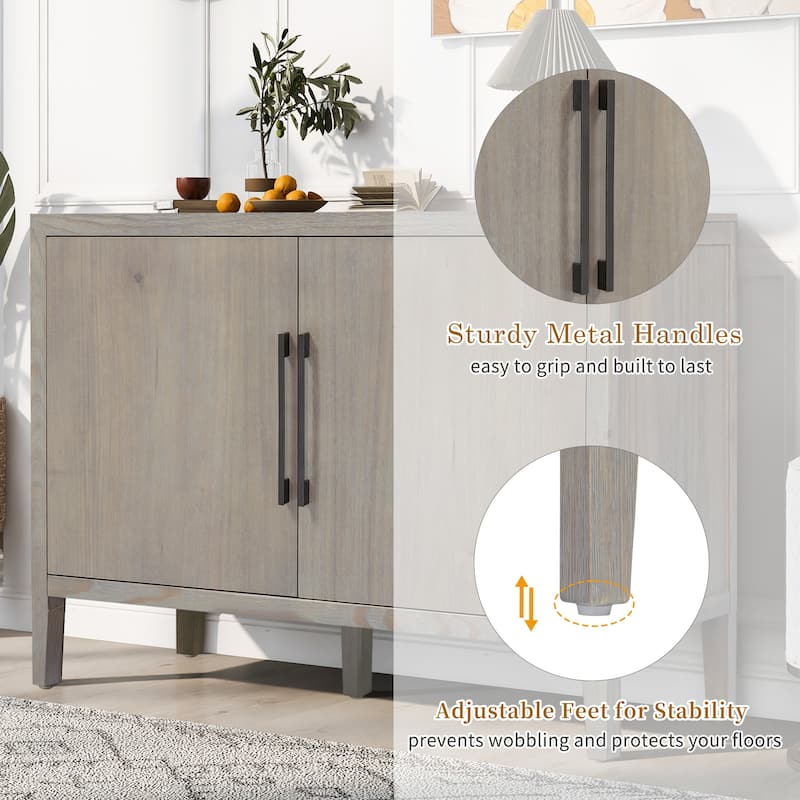 47.25"Sideboard with Pine Veneer and 2 Doors, Retro Buffet with Adjustable Feet, Wooden Storage Cabinet with Metal Handles