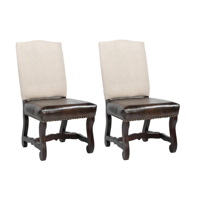 HomeRoots Set of Two Cream and Dark Brown Wood Leather And Linen Dining Side Chairs - 22 in. x 41.5 in. x 24 in.