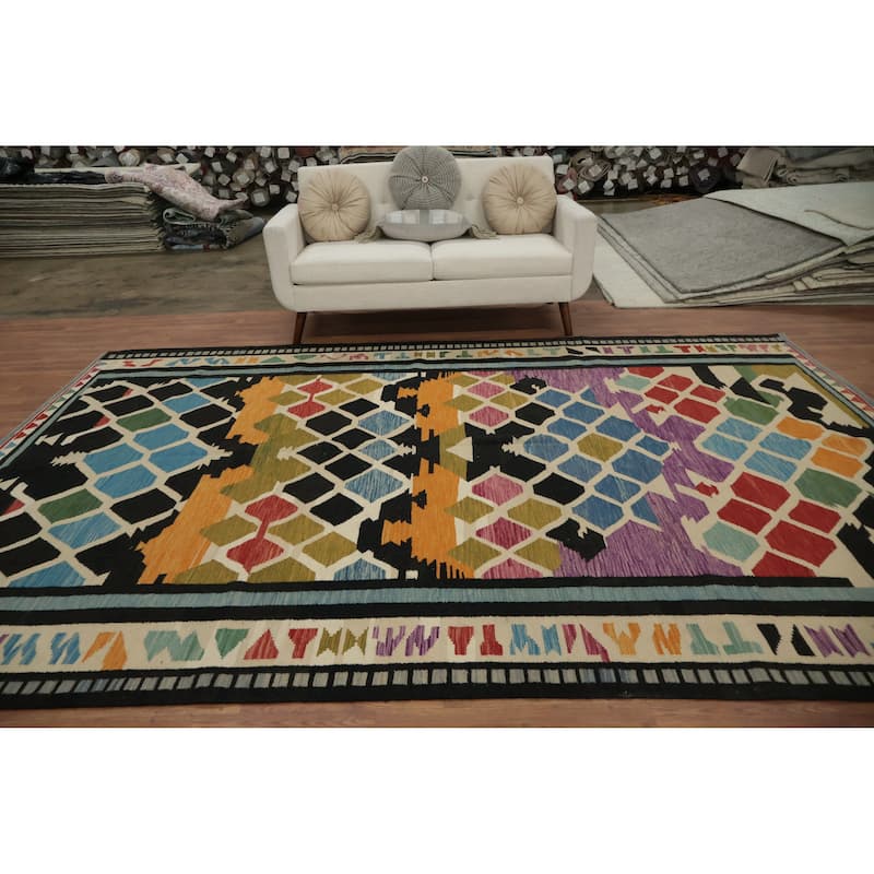 Hand Woven Oriental 100% Wool Carpet Southwestern Tribal Multi-Colored Kilim Area Rug - 11' 8'' X 8' 0''