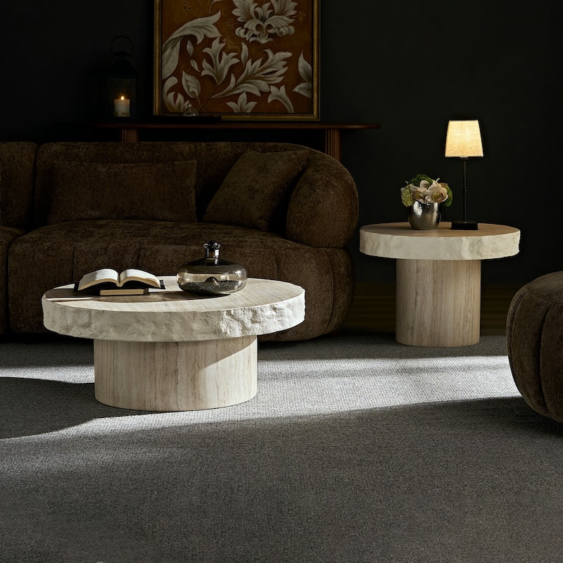 Faux MARS Textural Patterns Coffee Tables for Living Room, No Need Assembly - Beige(Set of 2)