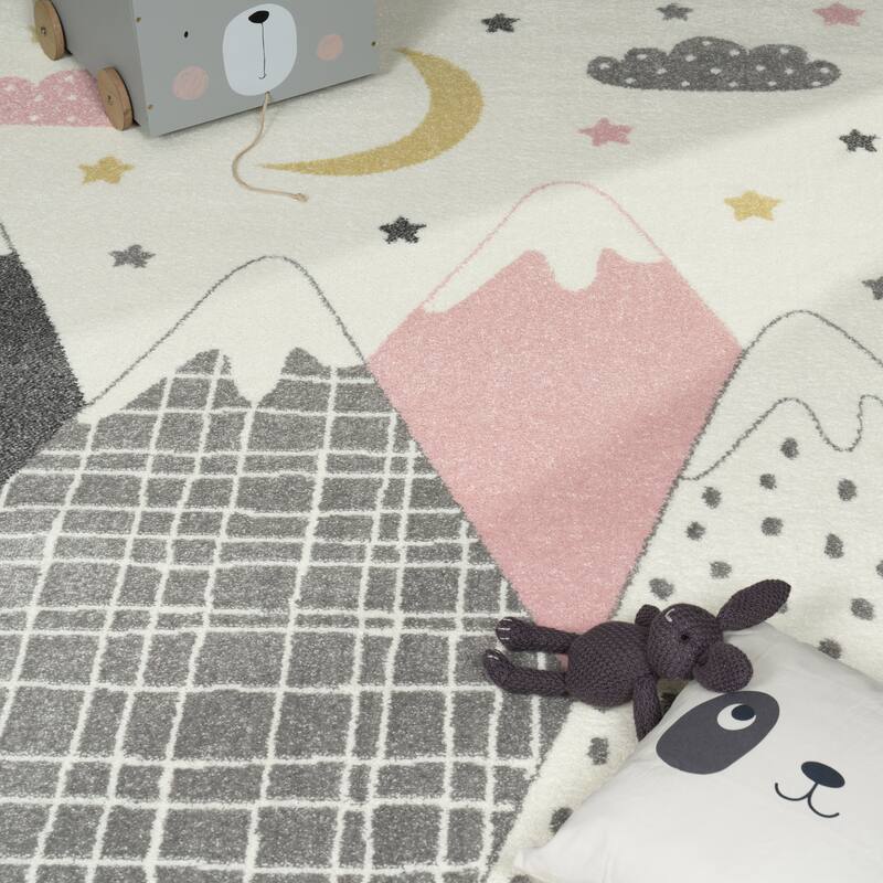 Kids Rug with Pastel Mountains dreamy Stars and Moon for Nursery