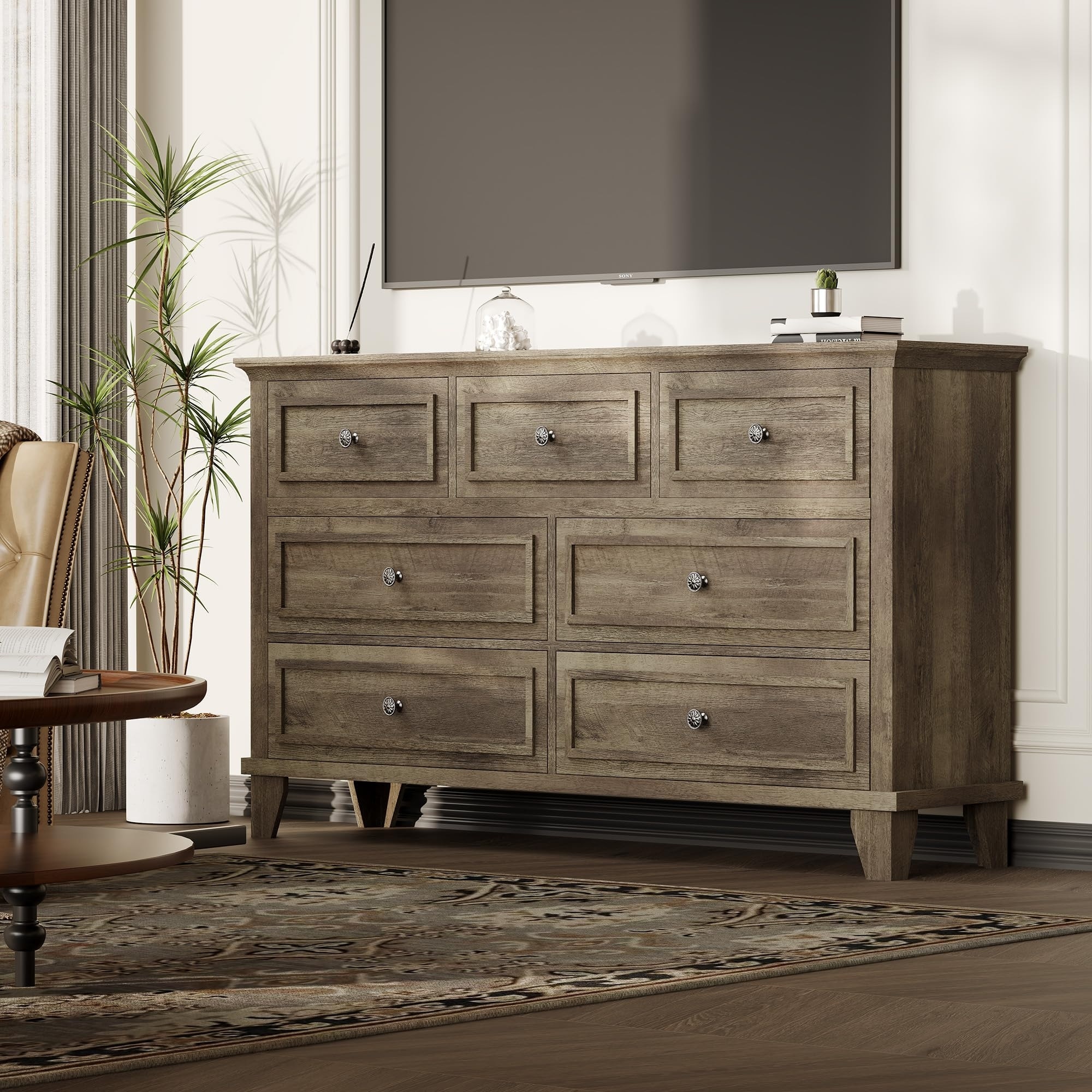 47" Wide 7 Drawer Dresser, Large Wooden Storage Chest of Drawers with Exquisite Metal Handles TV Stand
