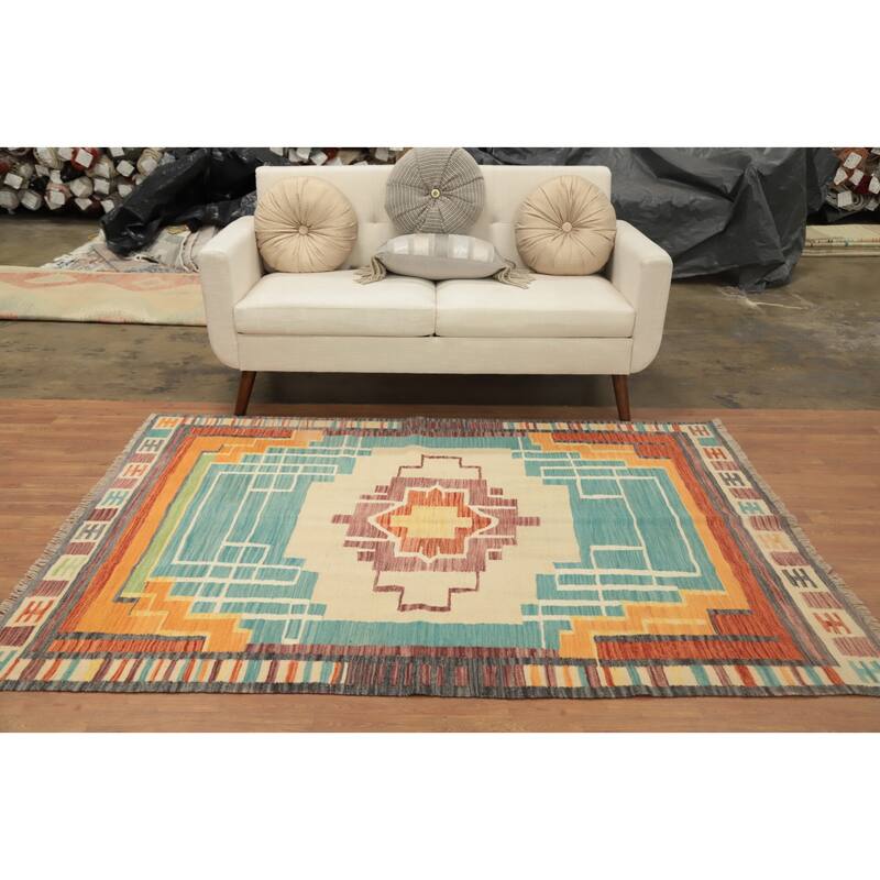 Hand Woven Oriental 100% Wool Carpet Southwestern Medallion Navy Blue & Blues Kilim Area Rug - 6' 9'' X 5' 0''