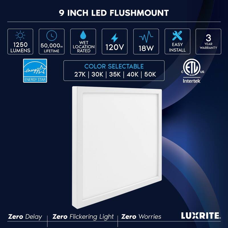 Luxrite 9 Inch Square LED Flush Mount Light, 18W 1250LM, 5CCT 2700K-5000K, Dimmable, ETL 4-Pack