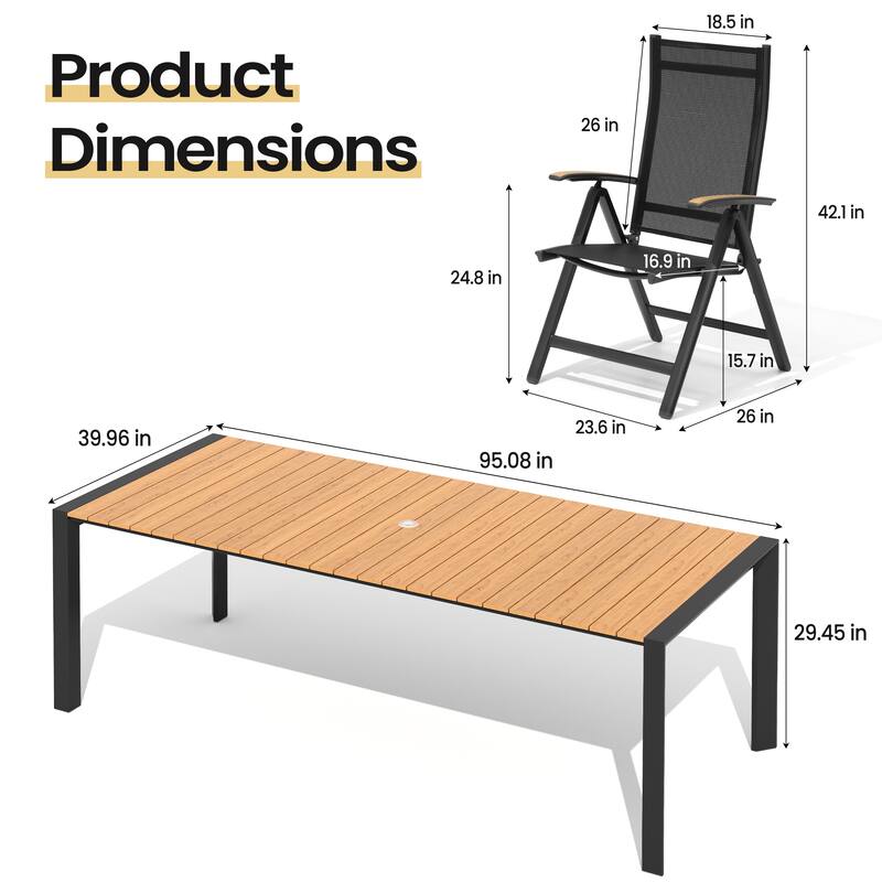 Set of 11 Outdoor Patio Dining Set WoodLike Table Top Aluminum Rectangular Umbrella Hole Table with Folding Teak Armrest Chairs