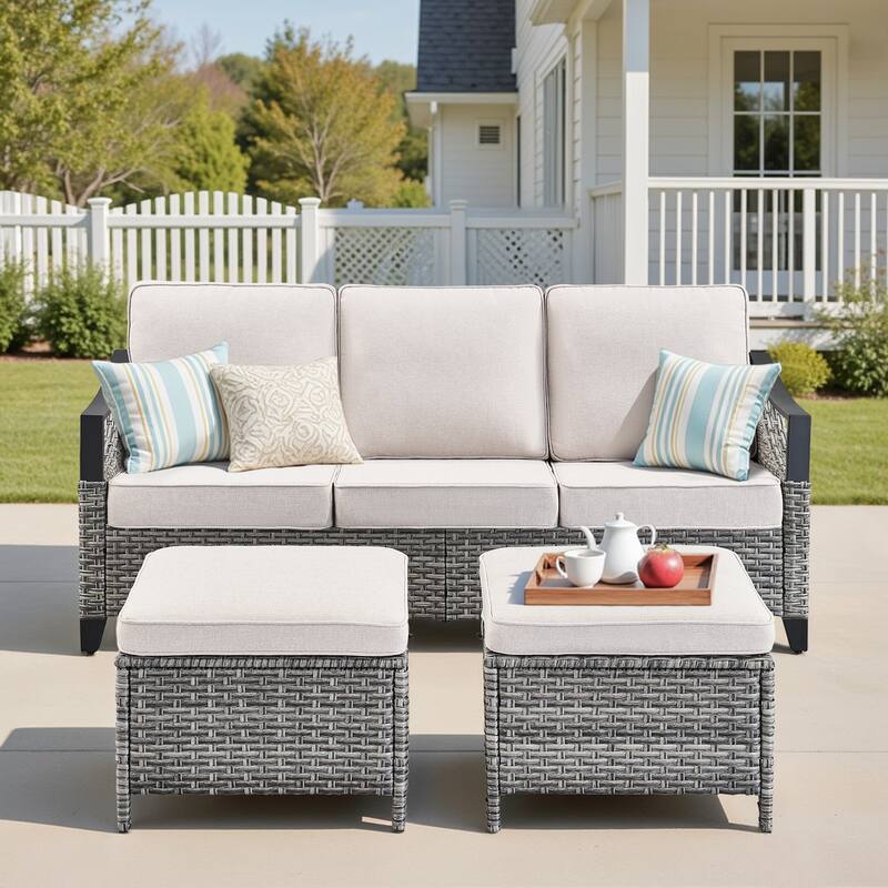 Pocassy Outdoor Wicker Patio Sofa with Ottoman Set of 3 - Gray Wicker Beige Cushion - 3-Piece 3-Seat Sofa with Ottoman