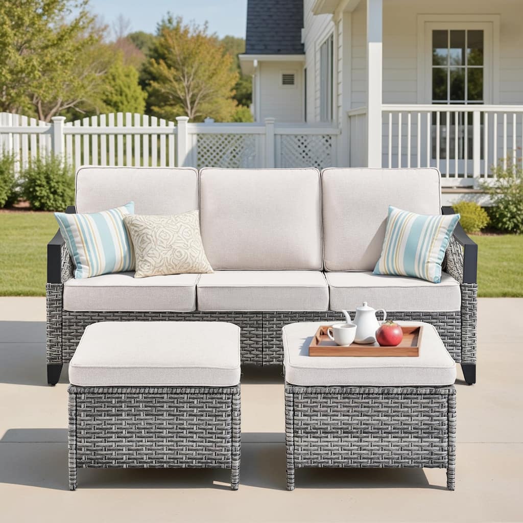 Pocassy Outdoor Wicker Patio Sofa with Ottoman Set of 3