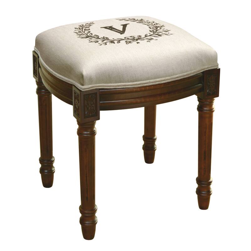 Monogram Victorian Traditional Linen/Wood Vanity Stool - Chestnut/V