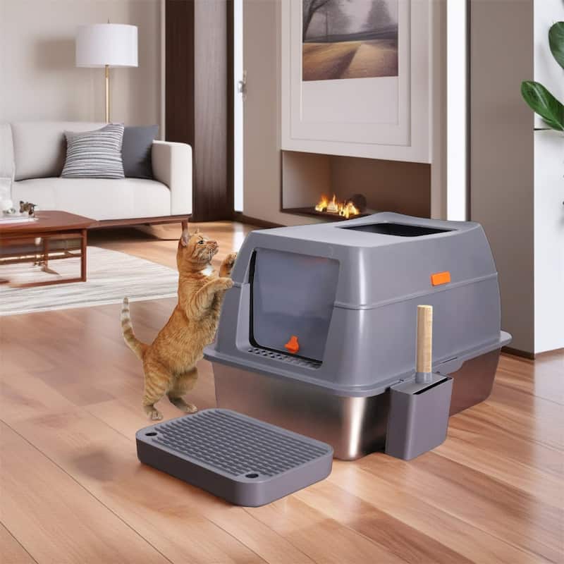 Stainless Steel Cat Litter Box,Extra Large Enclosed Cat Toilet w/Lid, Metal Cat Box w/Filter Pedal and Litter Scoop