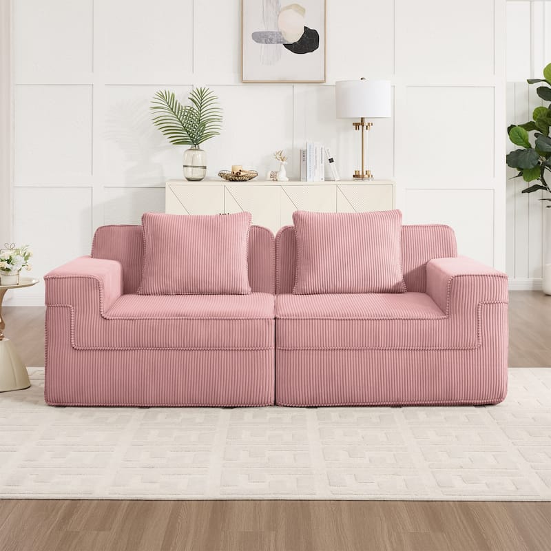 Modular 2-Seat Boneless Sofa, Modern Sectional Couch with Deep Seats, Wide Armrests, Corduroy Loveseat with Throw Pillows
