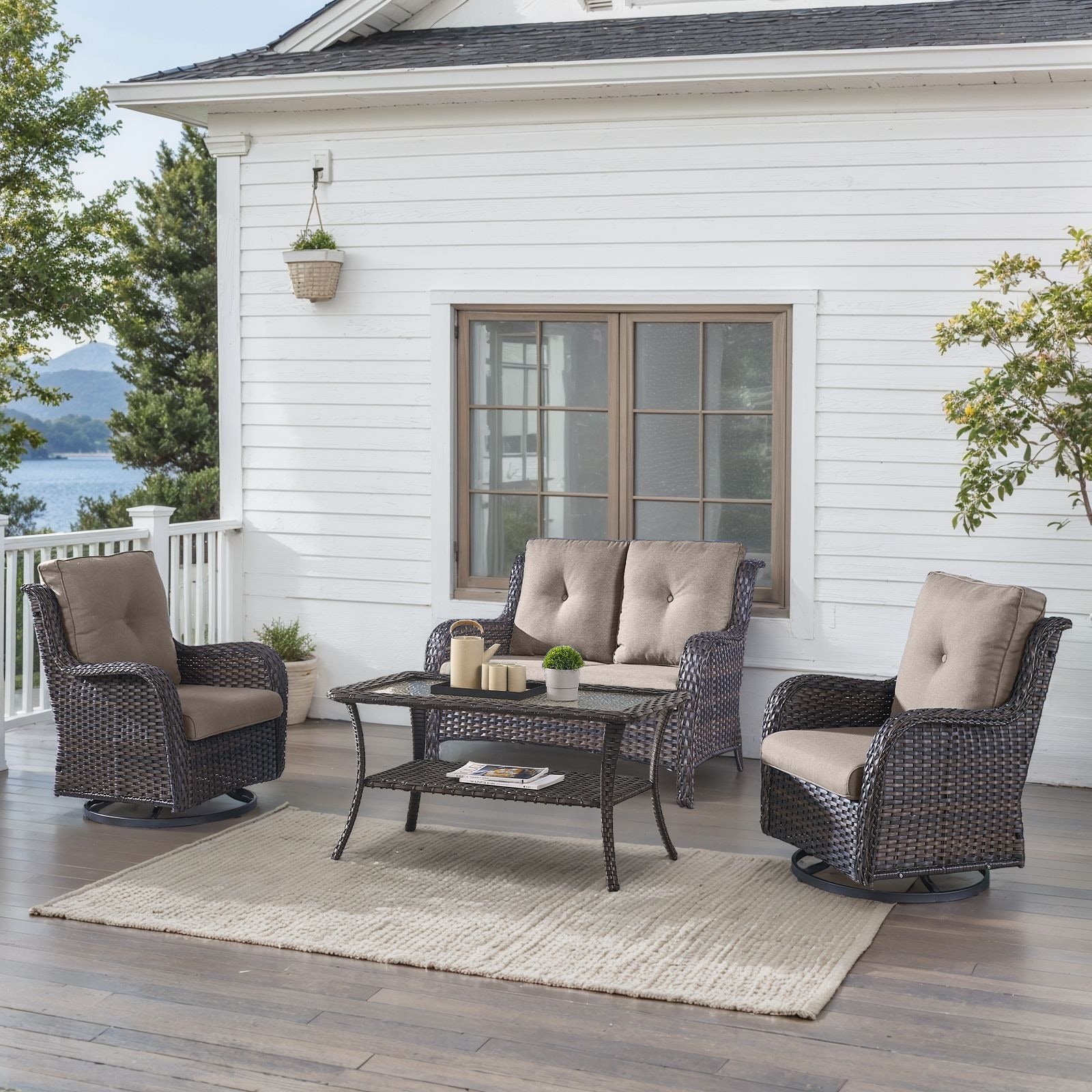 Outdoor Swivel Chairs with Loveseat Coffee Table Brown-Grey - Brown