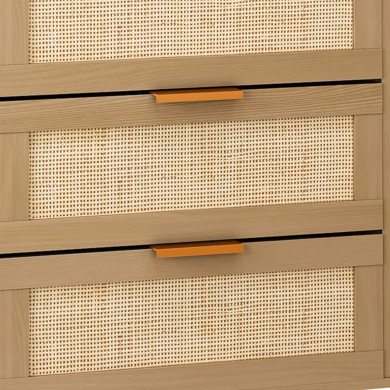 6 Drawer Rattan Bedroom Dresser, Wooden Wide Dresser, Clothes Storage Cabinet with Solid Wood Legs and Rattan Drawer
