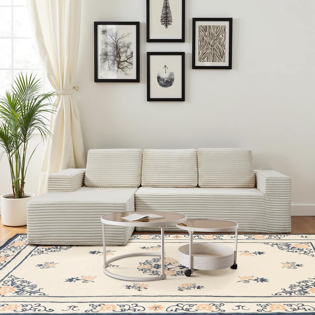 Meyreso No Assembly Required Long Plush L-Shaped Sectional Sofa with Round Nesting Coffee Tables