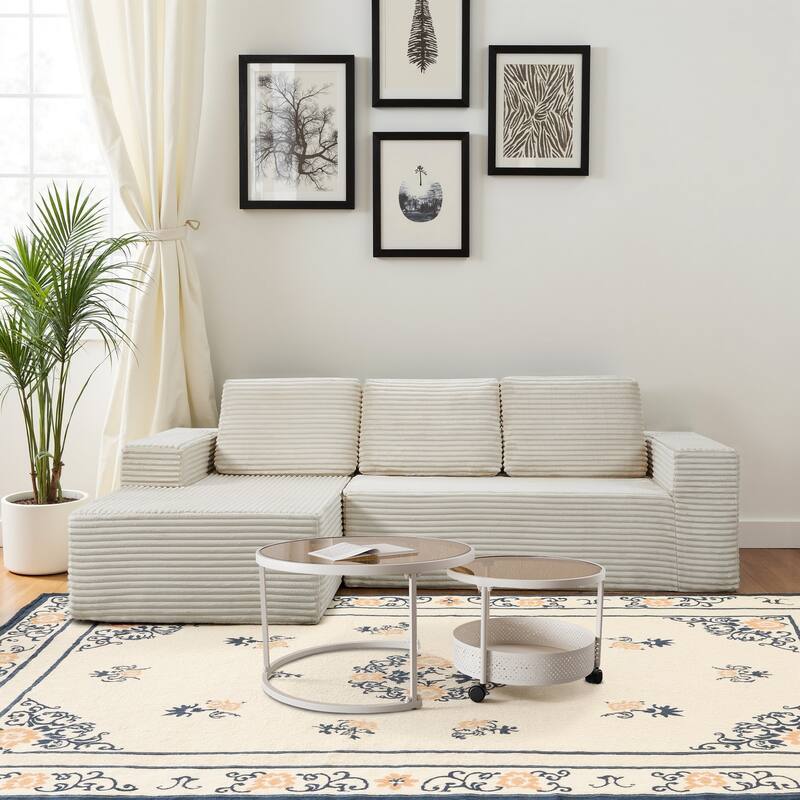 Meyreso No Assembly Required Long Plush L-Shaped Sectional Sofa with Round Nesting Coffee Tables - Beige - Right Chaise