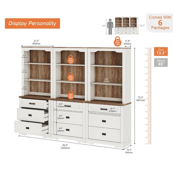 dimension image slide 6 of 9, 3 Tier Bookcase with Drawer,73.3" Tall Floor Standing Bookshelf