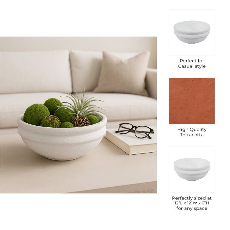 Decorative Round Terracotta Textured Bowl for Home Decor - 12", White - 12.0"