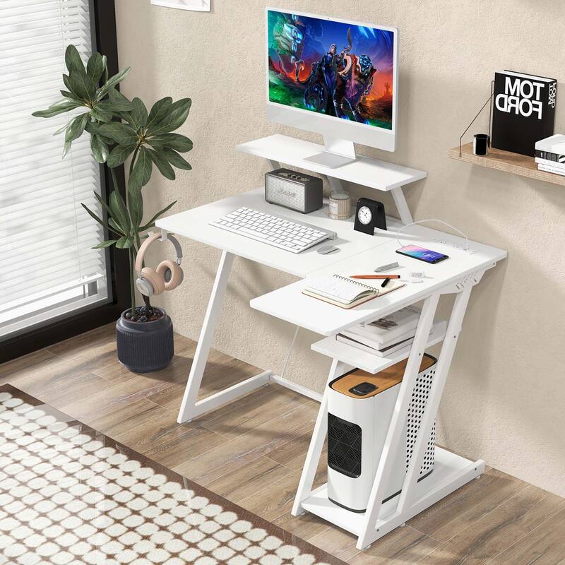 Costway L Shaped Gaming Desk with Outlets & USB Ports Monitor Shelf