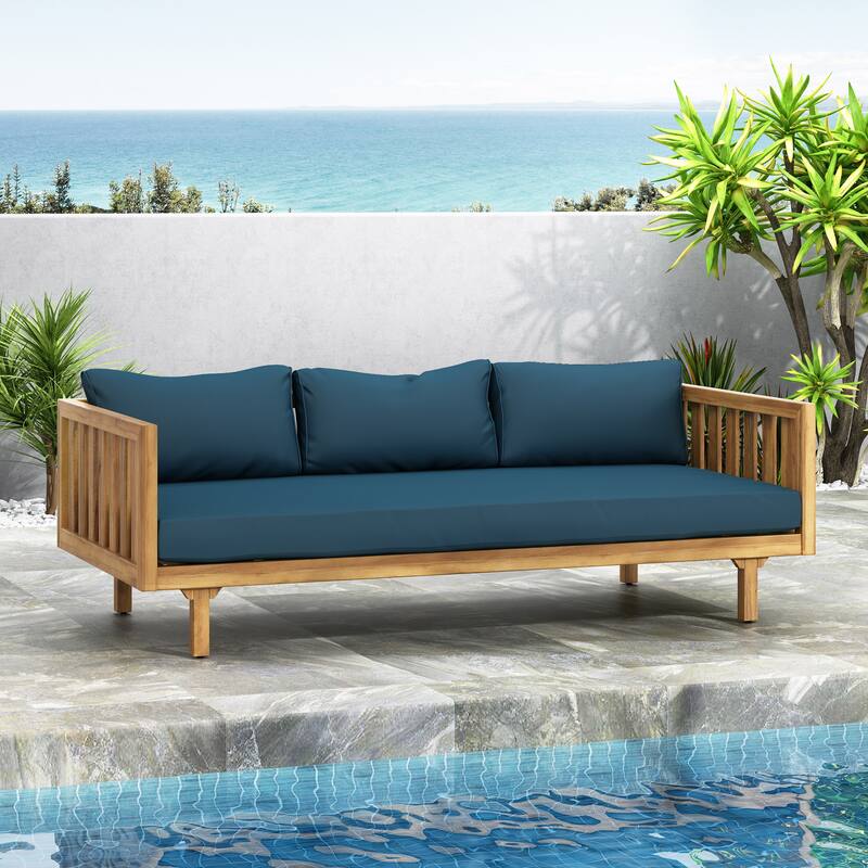 Acacia Wood 3 Seater Daybed Slat Panel Design Water Resistant Cushions