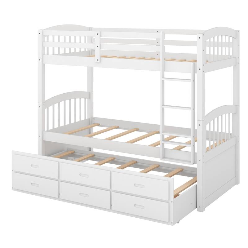 Twin Over Twin Bunk Bed with Trundle and Drawers, Solid Wood Frame, Space-Saving Design