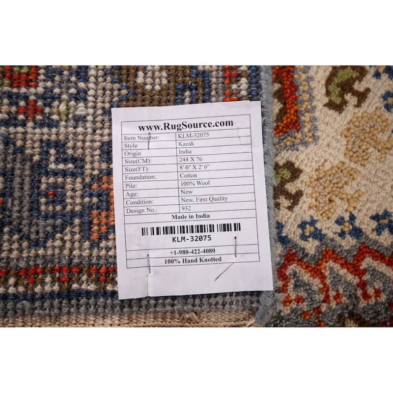 Gray Geometric Kazak Oriental Runner Rug Handmade Wool Carpet - 2'6"x 8'0"