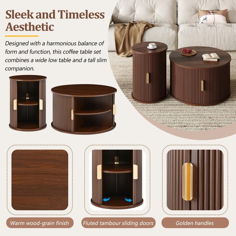 Mid-Century Modern Coffee & End Table Set with Tambour Doors - 2-Piece Wood Finish Living Room Storage