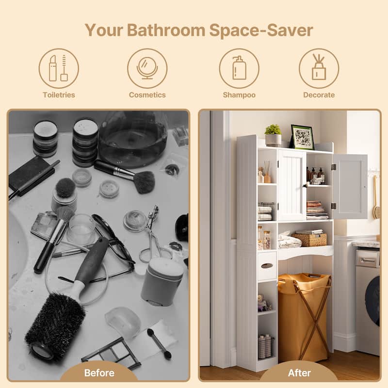 66''H Over The Toilet Storage Cabinet, Bathroom Storage Organizerwith 2 Doors, Paper Holder and Racks, Adjustable Shelf