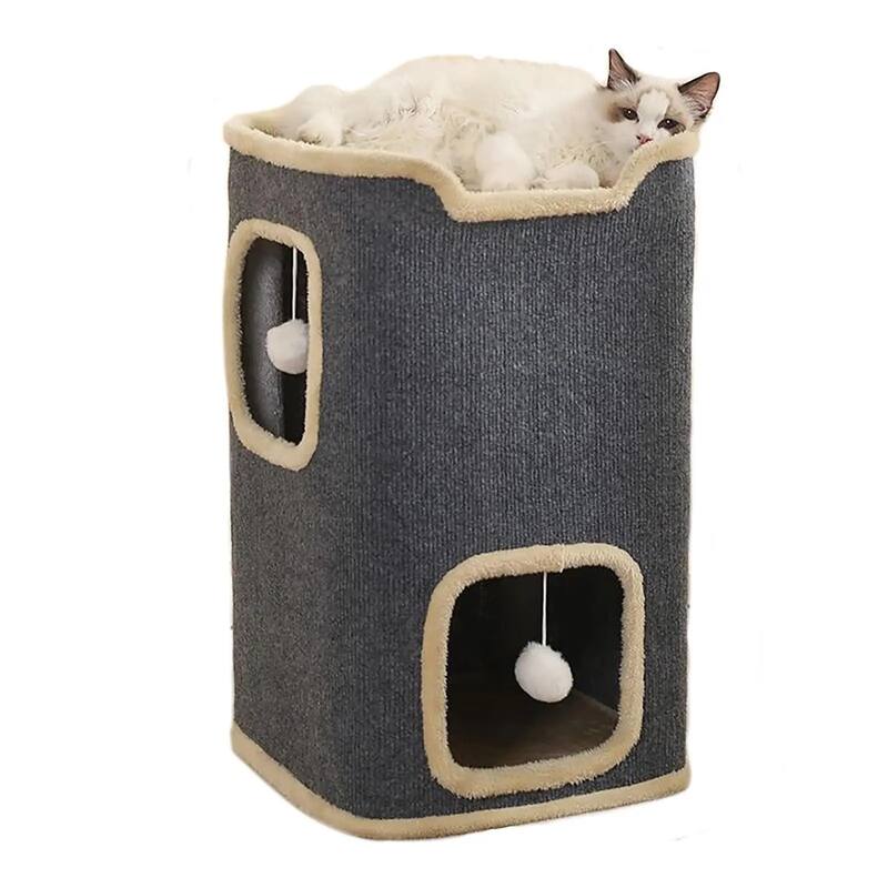 Grey 2-Layer Rectangular Cat House with 2 Pom Pom Hanging Toy Ideal for Indoor Use - 14”L x 14”W x 23.6”H - Grey