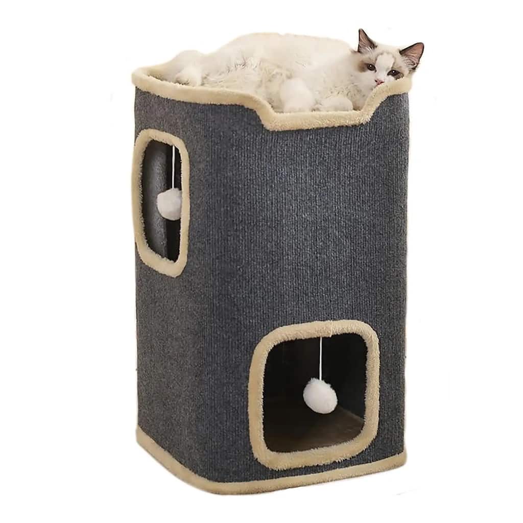 Grey 2-Layer Rectangular Cat House with 2 Pom Pom Hanging Toy Ideal for Indoor Use - 14”L x 14”W x 23.6”H