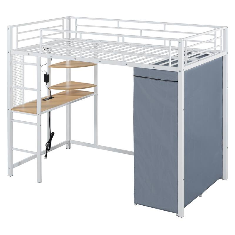 Full Size Metal Loft Bed with Workstation Desk, Built-In Shelves, LED Light Strip, Power Outlet & Hanging Wardrobe Storage