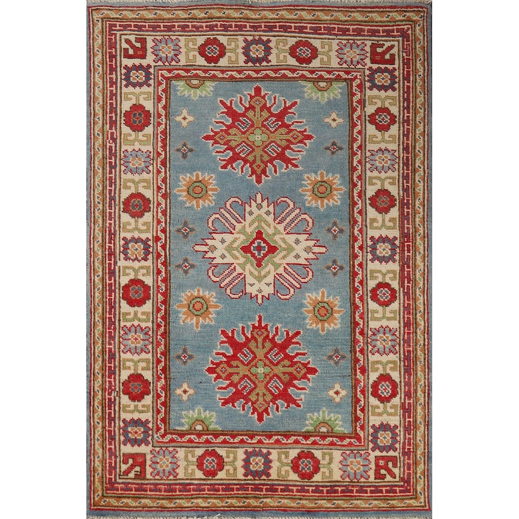 Light Blue Kazak Foyer Rug Handmade Wool Carpet - 2'7"x 3'10"