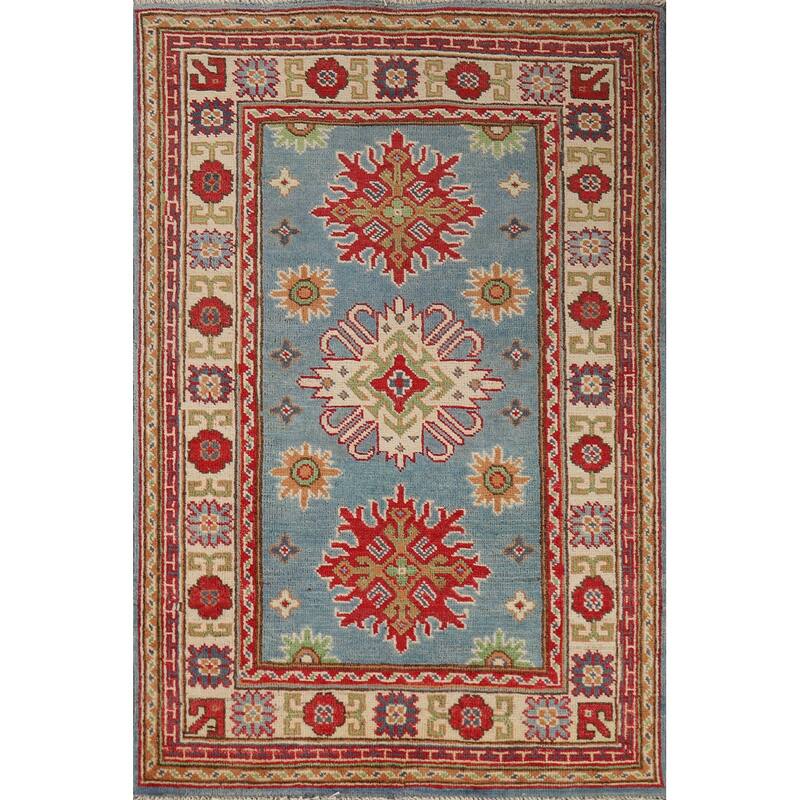 Light Blue Kazak Foyer Rug Handmade Wool Carpet - 2'7"x 3'10"