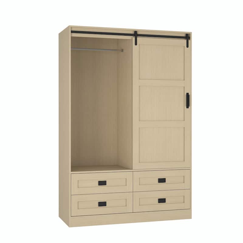 Tall Bedroom Armoire Wardrobe Closet with Hanging Rod, Barn Door, Drawers, and Open Shelves