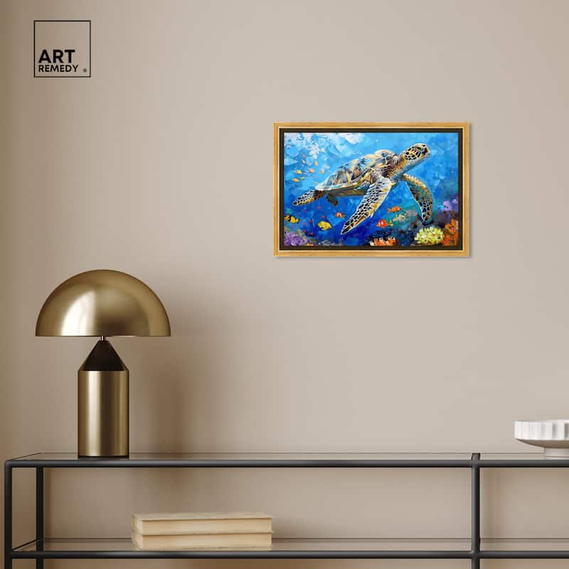 Art Remedy Turtle Swimming Framed Colorful Coastal 1 Piece Canvas Wall Art